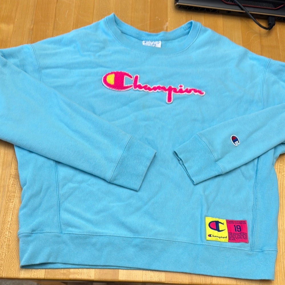 Champion Light Blue Crewneck with Pink Logo